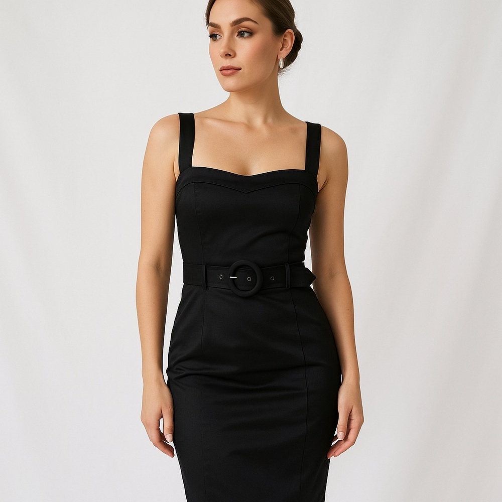 Jacob Black Square-Neck Midi Dress with Round Belt
